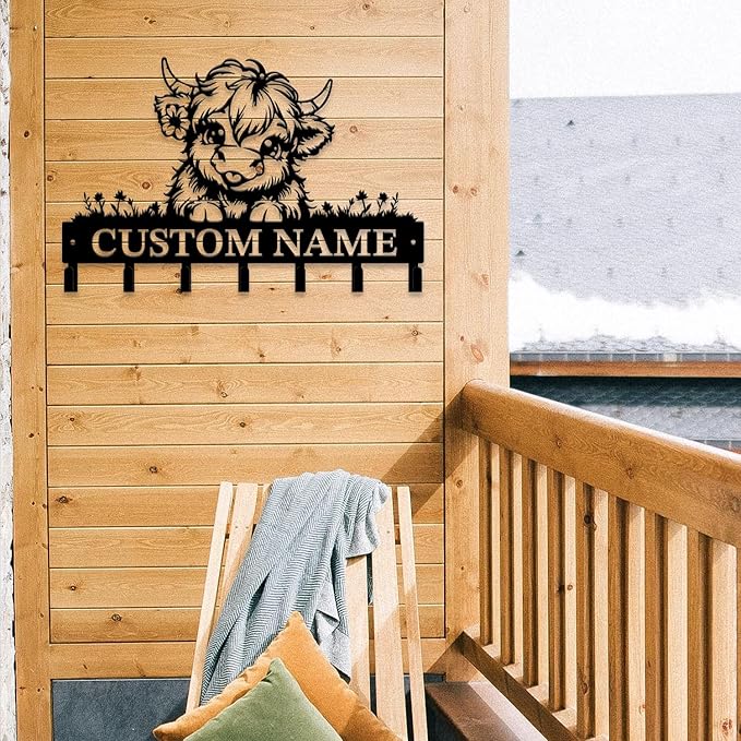 Personalized Highland Cow Metal Keys Hooks,Custom Name Metal Highland Cow Keys Hooks,Black Metal Highland Cow Wall Home Storage Decorative Keys Hooks,Key Holder Hooks for Wall (Style A)