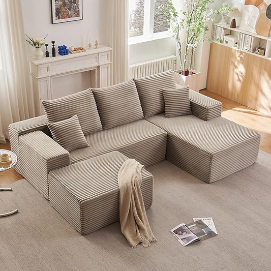 107" U-Shape Cloud Couch, Modern Modular Sectional Comfy L-Shape Sofa with Ottoman, Deep Seat, Upholstered Corduroy Sleeper Chaise Longue for Living Room Bedroom, No Assembly Required, Camel