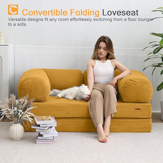 COMAX Folding Sofa Bed, 4-in-1 Convertible Foldable Floor Couch Futon Sofa with Armrests, Sleeper Mattress Fold Out Chair Bed Comfy Portable Lounge Guest for Living Room Bedroom, Yellow