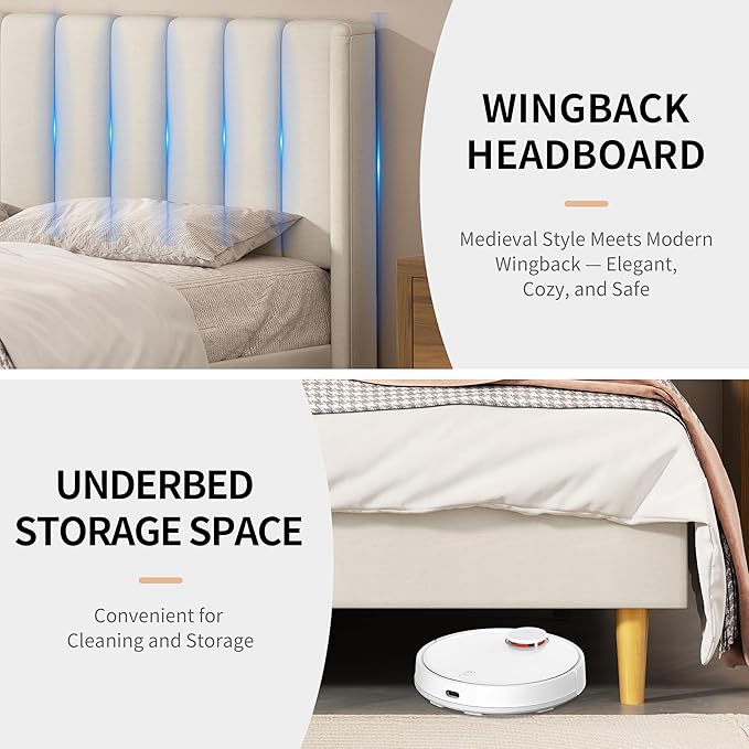 King Size Upholstered Platform Bed Frame with Modern Wingback & Vertical Panel Headboard, Linen Fabric, Wooden Legs & Slats Support, No Box Spring Needed, Noise-Free & Easy Assembly, Beige