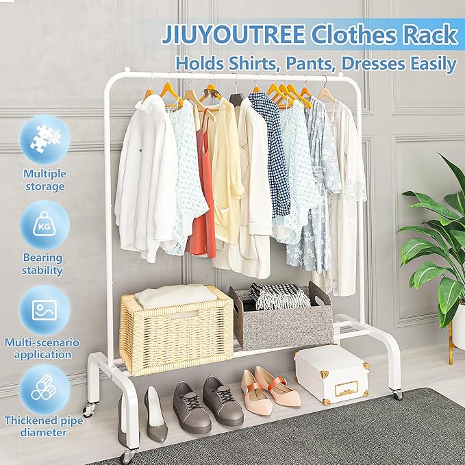 JIUYOTREE Metal Clothing Rack with Wheels, 43.3 Inches Rolling Clothes Garment Coat Rack with Bottom Shelf, Clothing Rack for Hanging Clothes, Coats, Skirts, Shirts, Sweaters, White