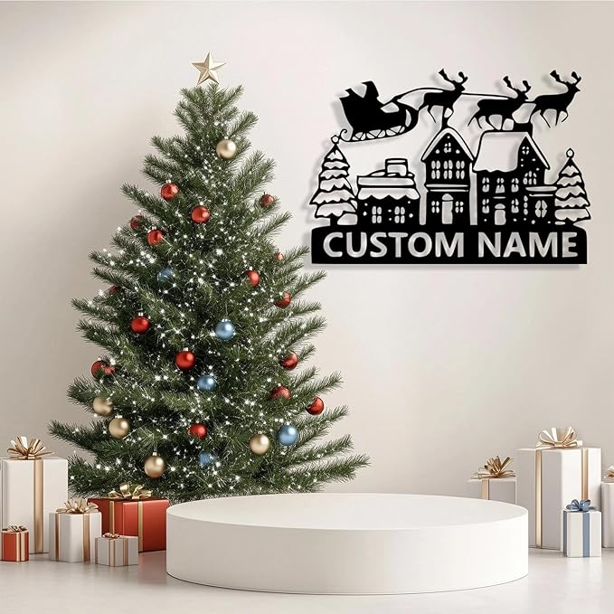 Personalized Christmas Metal Sign, Custom Name Metal Sign Wall Decor, Merry Christmas Tree Signs Outdoor Wall Decoration for Home Living Room, Bedroom, Office, Garden, Porch