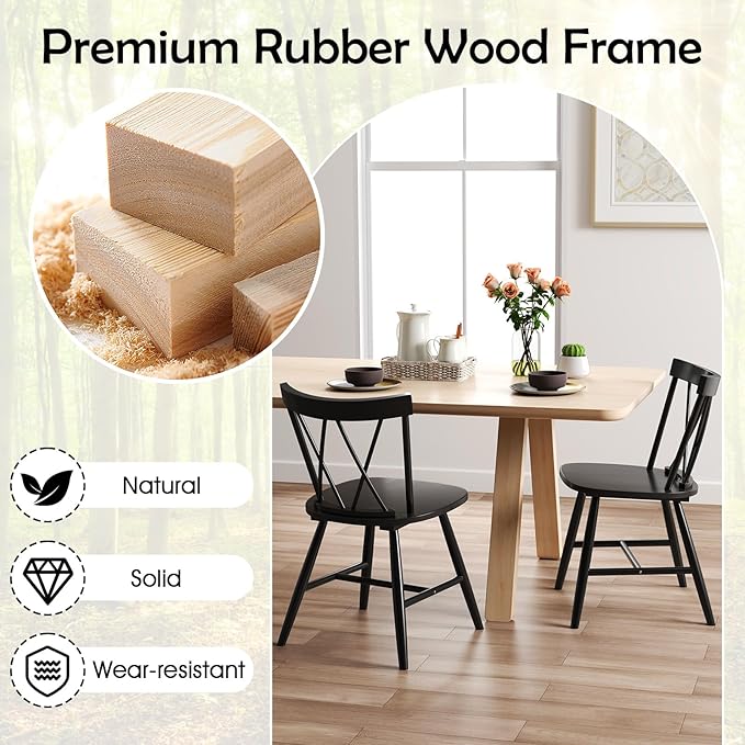 Giantex Windsor Dining Chairs Set of 2, Farmhouse Wooden Kitchen Chairs w/Cross Back, Wide Seat, Rubber Wood Frame, Armless Side Chairs for Kitchen, Dining Room, Living Room, Restaurant, Black