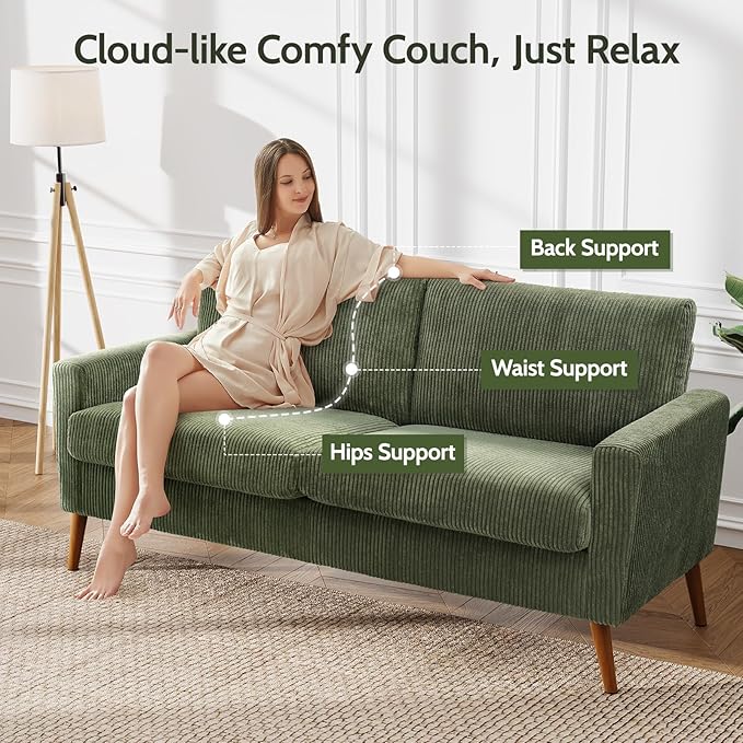 WEUP 68" Loveseat Sofa Green Corduroy Couch, Mid Century Modern Love Seat Couches for Living Room, Small Loveseat for Bedroom Office, Comfy Sofa with Spring Cushion, Solid Wood, Tool-Free Assembly