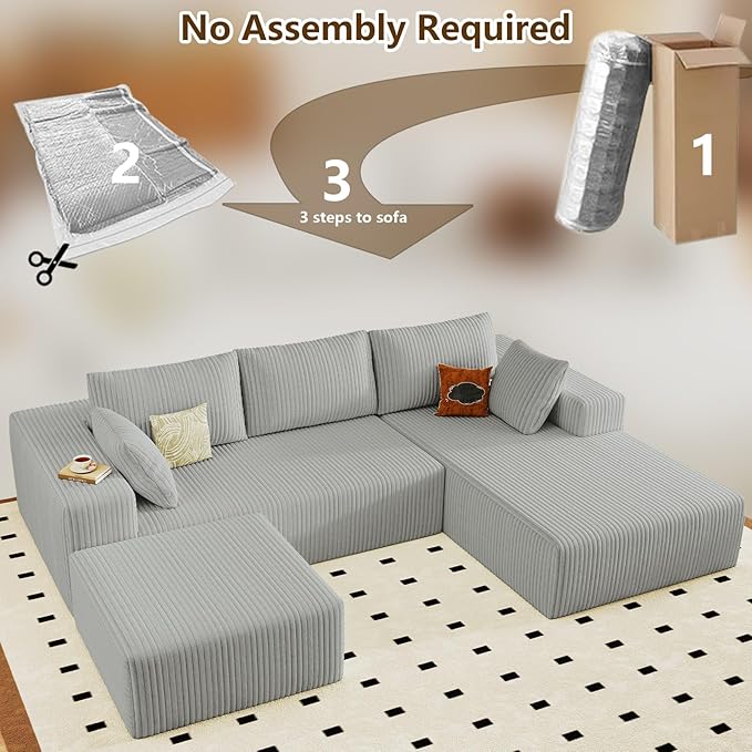 96" U-Shape Cloud Couch, Modern Modular Sectional L-Shape Sofa with Ottoman, Corduroy Upholstered Couches Deep Seat Chaise Longue for Living Room, No Assembly Required(Light Gray, Right Facing)