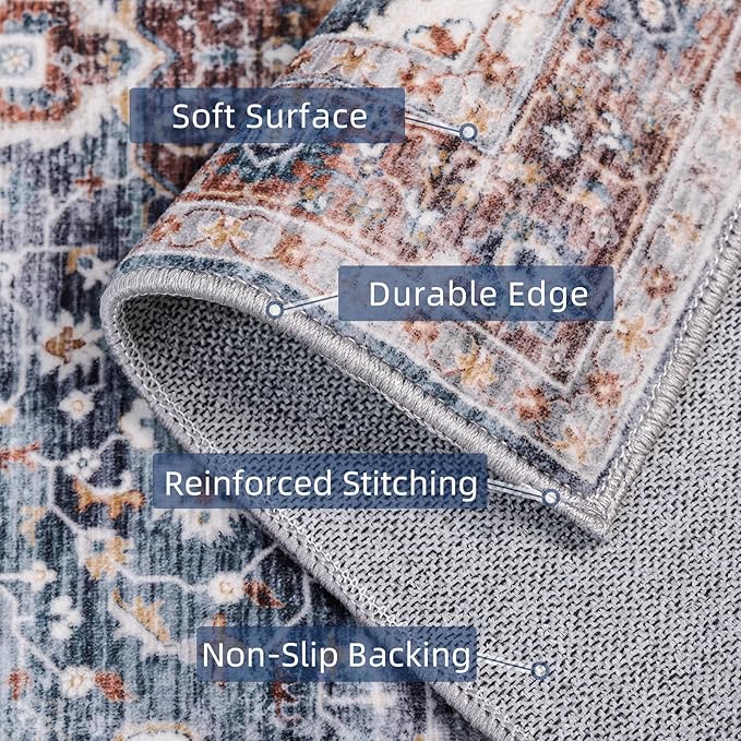 Deerly 3x5 Area Rug with Non-Slip Backing, Washable Rugs for Bedroom Living Room Kitchen, Distressed Carpet Printed Low-Pile Soft Dorm Rug Room Decor(Border Brown/Navy Blue)