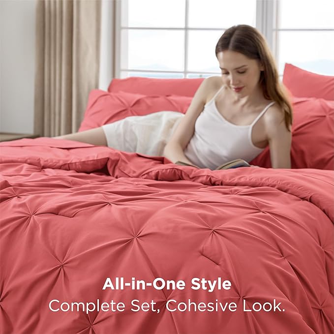 Bedsure King Size Comforter Set Coral Red - Bed in a Bag Bedding Set 7 Pieces, GentleSoft™ Pintuck Bed Set Gift for Family, Pinch Pleat Coral Red Comforter with Sheets, Pillowcases & Shams