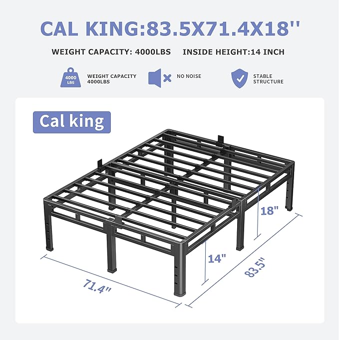 NKZ California King Size Bed Frame 18 Inch, Metal Bed Frame & Box Spring 2 in 1 Platform with Round Corner Legs, 4000Lbs Heavy Duty Tall Metal Frame, Headboard Hole, Noise-Free, Easy Assembly