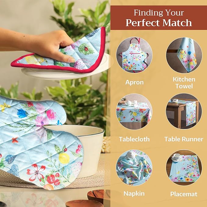 Maison d' Hermine Pot Holders Set 100% Cotton Heat Resistant Potholders 8" x 8" Hot Pads with Loop BBQ, Cooking, Grilling, Kitchen, Handling Hot Pans Spring/Summer (Pack of 2, Jardin D'Ete - Mint)