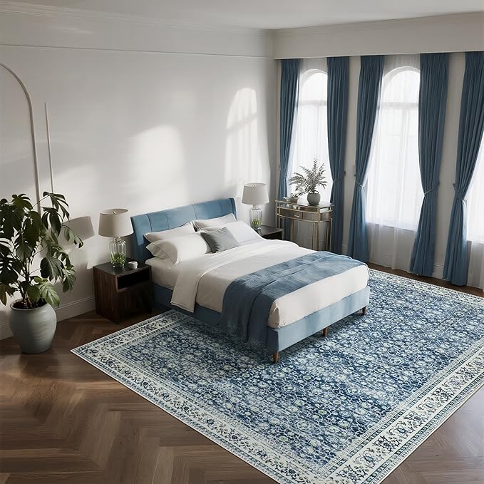 Washable Rugs 8x10 Area Rugs for Living Room,Bedroom,Dining Room- Soft Low Pile Stain Resistant Carpet with Non-Slip Rubber Backing,Large Vintage Area Rug for Farmhouse Nursery Home Office Decor