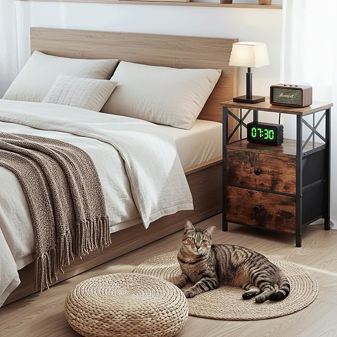 AMHANCIBLE End Table Living Room with Charging Station, Side Table with Fabric Drawer, Small Side Table with USB Ports and Outlets for Small Spaces Rustic Brown and Black HET05XBR1