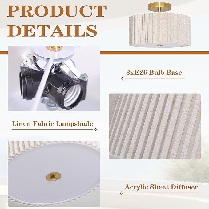 3-Light Semi Flush Mount Lights Fixture Drum Ceiling Light with Pleated Fabric Shade Gold Semi Flush Mount Ceiling Lights 15.7 Inch Close to Light Fixtures for Living Room Hallway