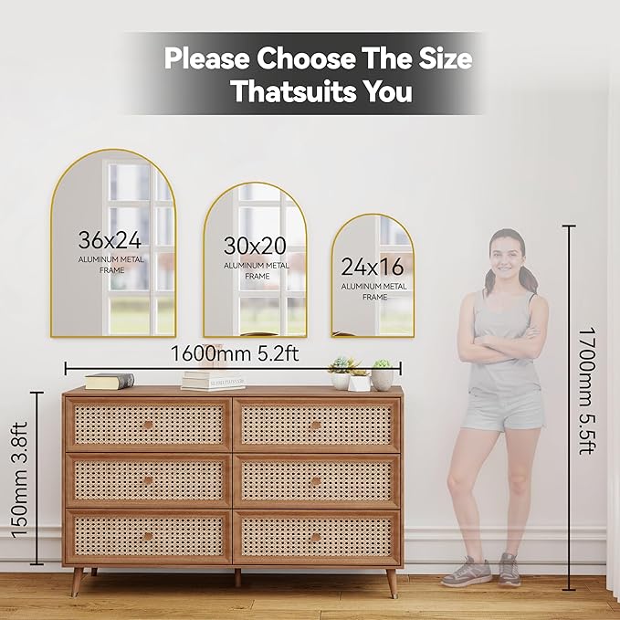 30x20 Arch Mirror Rectangle Wall Mounted Hanging or Against Wall Metal Aluminum Alloy Frame Mirrors for Entryway Bedroom Bathroom Living Room 30 20 inch Gold