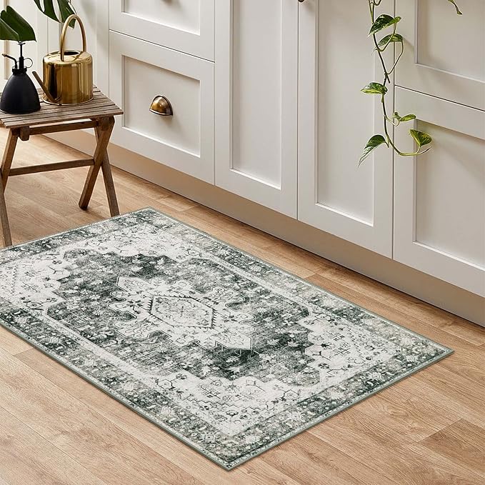 Moynesa Ultra-Thin Washable Area Rug - 2x3 Small Grey Front Door Rug Kitchen Mat, Non Slip Non Shedding Pet Friendly Bathroom Carpet for Office Laundry Powder Room Bedside Hardwood Floor