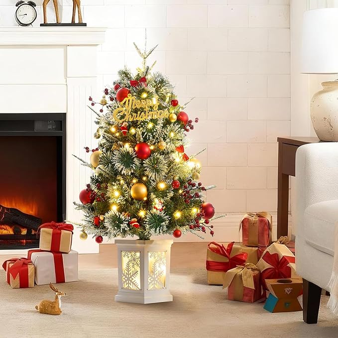 2 Pack Small 3FT Pre-Lit Snow Flocked Christmas Tree with Twinkling Lights for Home Office Christmas Decor- Battery Operated & Timer (Snowflake Base)