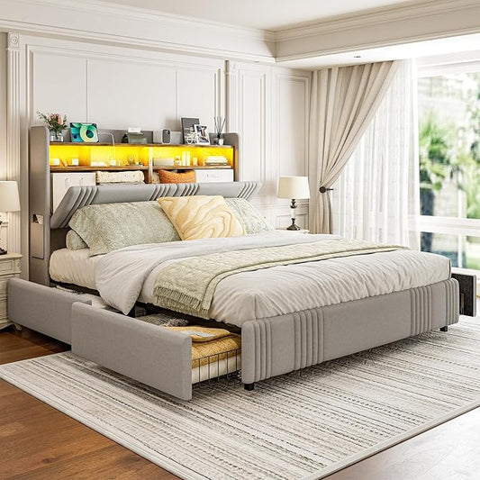 IKIFLY 49.2” Tall California King Bed Frames with 4 Storage Drawers, Upholstered Wingback Hidden Storage Headboard with LED Lights & Charging Station, No Box Spring Needed, Noise Free, Light Grey
