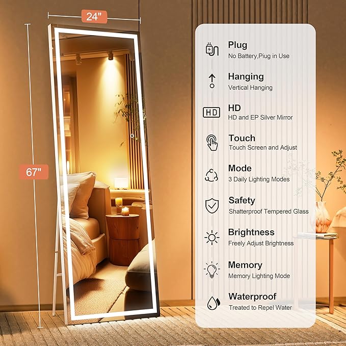 Full Length Mirror with Lights, 67" x 24" LED Lighted Floor Standing Mirror, Tempered Glass, Square White