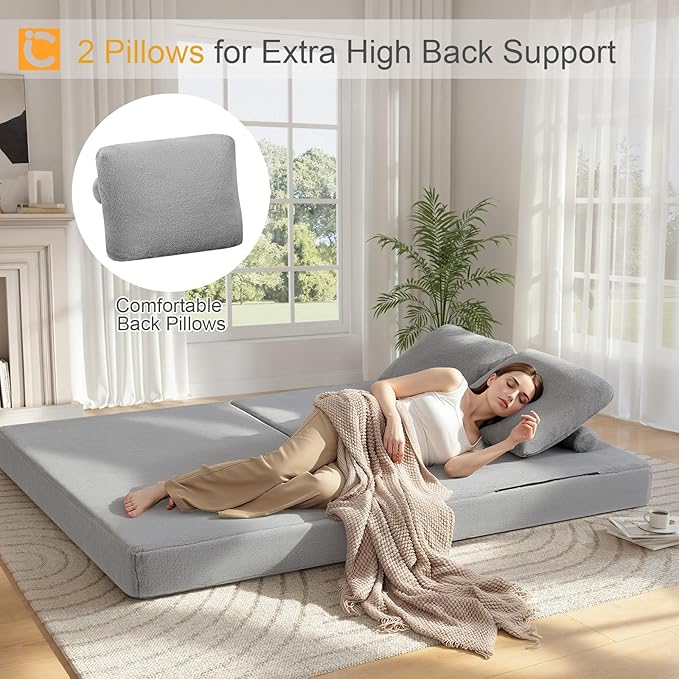 COMAX Convertible Sofa Bed, Folding Floor Couch Corduroy Fold Out Couch Bed Futon Sleeper Mattress with Pillows, Boneless Sofa Comfy Lounge Loveseat for Living Room Bedroom, Faux Fur Grey