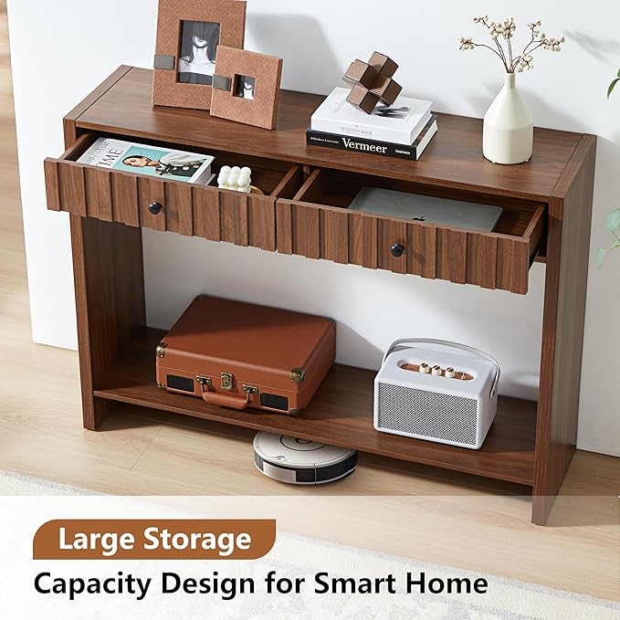 AVZEAR Entryway Console Table with Fluted Drawers, Mid Century Entryway Table with Storage, 43" Long Couch Table Behind Sofa Narrow Sofa Table Console Tables for Living Room Hallway Entrance, Walnut