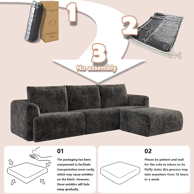 EASE MOOSE Sectional Cloud Couch for Living Room, Modular Boneless Sofa L-Shaped, Modern Cloud Sofa Set with Fluffy Foam, Oversized 4-Seater Comfy Sofa with Ottoman for Bedroom, Chenille (Dark Grey)