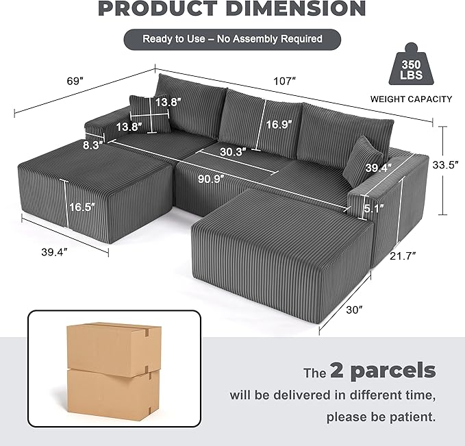 108” Modular Sectional Couches, Cloud Sectional Couch with Deep Seat, Modern Modular L-Shape Sofa with Chaise,Upholstered Boneless Sofa for Living Room (Corduroy, Grey)