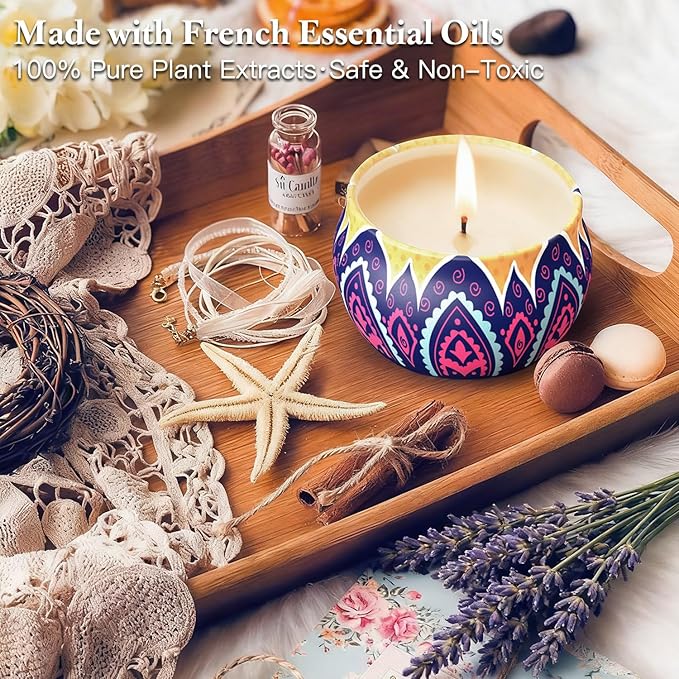 Holiday Candle Gift Set, 4 Pack Long Lasting Classic Bohemian Scented Soy Wax Candles with Fig, Lemon, Spring & Lavender Scents, Aromatherapy Candles for Home, Christmas Gifts for Everyone