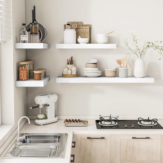 Vivelove White Floating Shelves Over Toilet, 24/36/48/55 Inch X 12 Deep Shelves for Room Wall Mounted, 2" Thick Floating Shelf for Living Room Bedroom Bathroom Kitchen Laundry Room, Set of 2