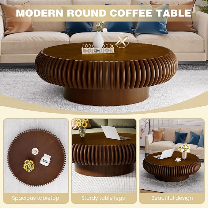 Fluted Round Coffee Table for Living Room 39.37" Modern Drum Coffee Table Mid Century Handcrafted Circle Wood Center Tables with Pedestal for Small Space Apartment (Walnut)
