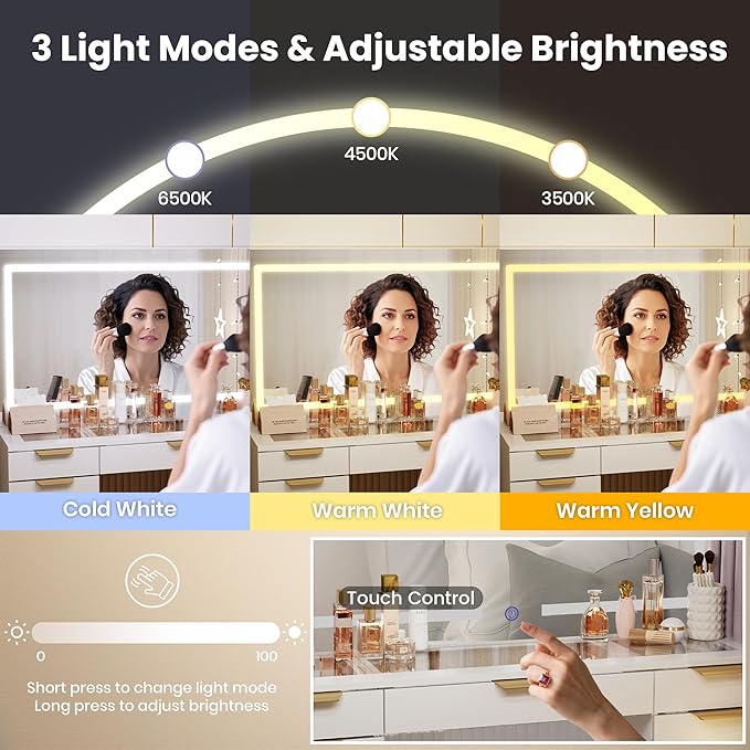 Pamapic 11 Drawers Makeup Vanity with Mirror and Chair, Glass Top Vanity Desk with Power Outlet, 3 Lighting Modes Dressing Table with Golden Handles, Silent Slides and Portable Mirror, White