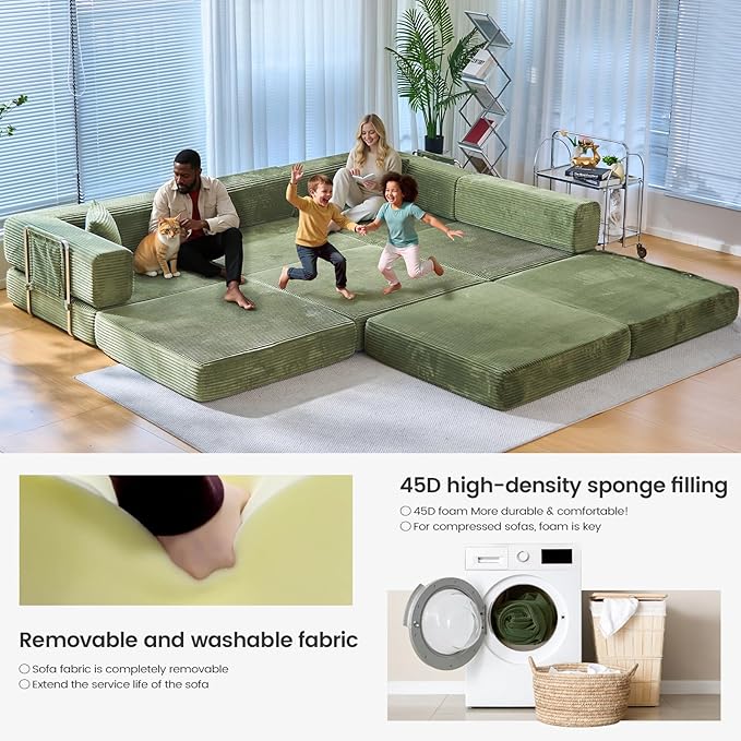 Folding Sofa Bed Convertable Corduroy Couch King Size Floor Sleeper 4-in-1 DIY Combination Modular Sofa Fold Out Futon Lounge Comfy Foldable Lazy cama for Living Room (Green)