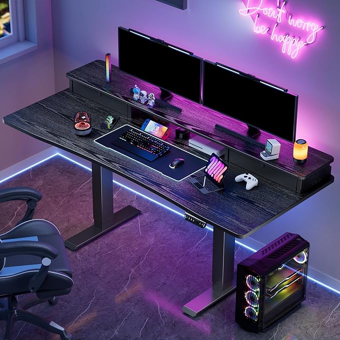 Veken 47.2"×27.6" Standing Desk with Storage Drawers, Adjustable Height Computer Table with Monitor Shelf, Home Office Desk for Study, Gaming, Workstation, Black