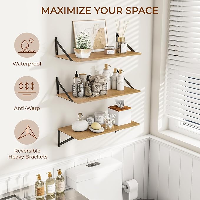 Heimlove 24" W x 12" D Wall Shelves for Books, 12 Inch Deep Floating Shelves Set of 3, Wide Floating Bookshelf with Metal Bracket for Living Room, Kitchen, Office, Bedroom and Decor Storage - Oak