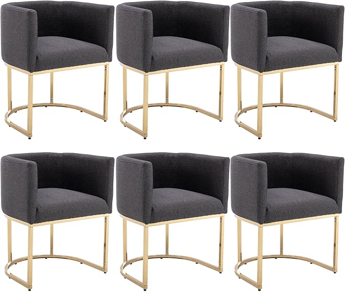 Linen Fabric Dining Chairs Set of 6 Modern Barrel Arm Chairs with Black Frame, Upholstered Kitchen Chairs 18.5" Wide Accent Chairs for Living Room Dining Room Restaurant, Charcoal