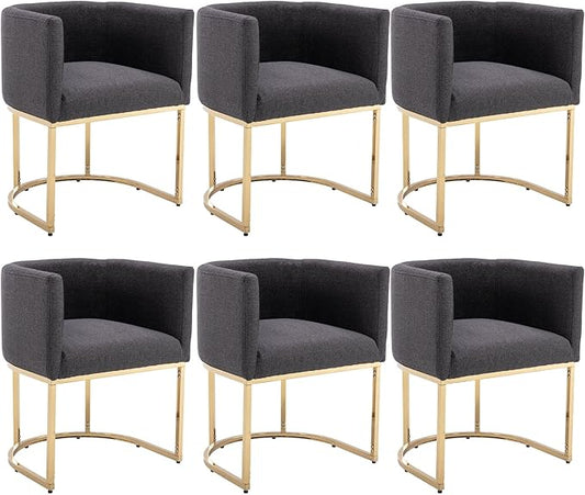 Linen Fabric Dining Chairs Set of 6 Modern Barrel Arm Chairs with Black Frame, Upholstered Kitchen Chairs 18.5" Wide Accent Chairs for Living Room Dining Room Restaurant, Charcoal
