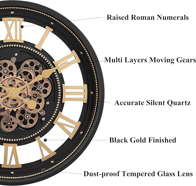 CLXEAST 24 Inch Wall Clock with Moving Gears, Large Roman Numeral Gear Clock for Living Room Decor,Modern Black& Gold Finish,House Warming Gifts New Home