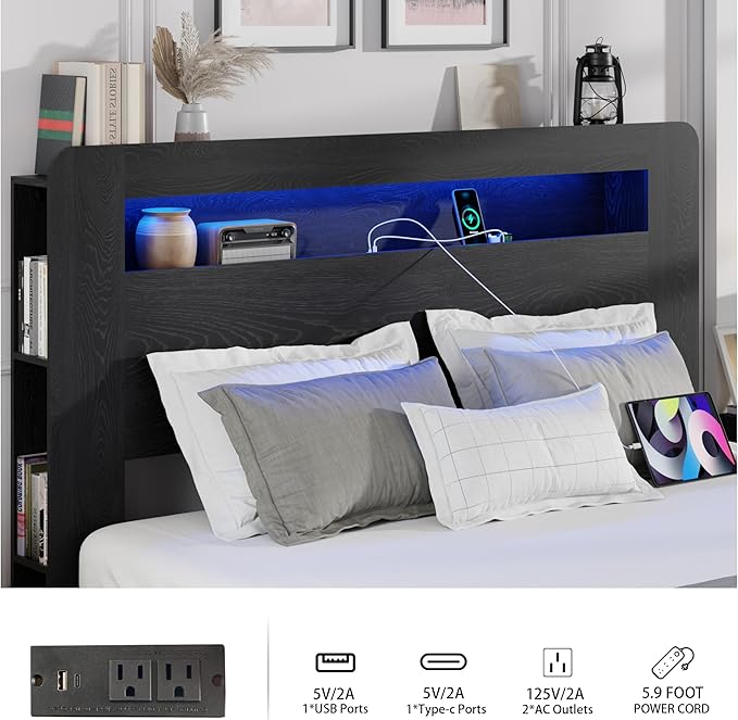 Full Size Wooden Bed Frame with Bookcace Storage Headboard, Rustic Farmhouse Bedframe with LED Lights and Charging Station, Sturdy and Stable, Slat Support, No Box Spring Required (Black, Full)