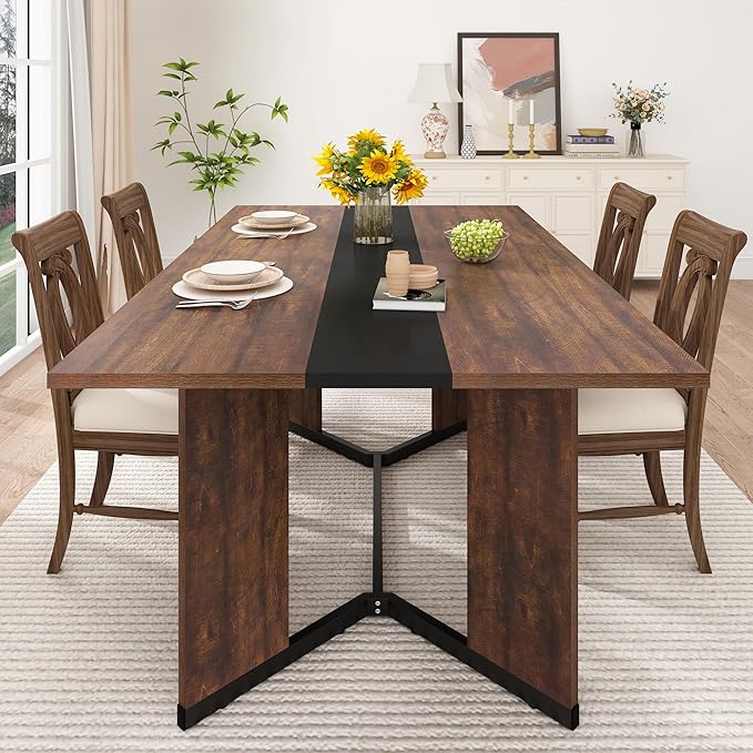 71 inch Dining Table for 4 5 6 | Modern Brown and Black Rectangular Kitchen Table W/Waterproof Wood Tabletop,Farmhouse Long Dining Room Tables W/Adjustable Legs&Wood Strip Base for Kitchen Living Room