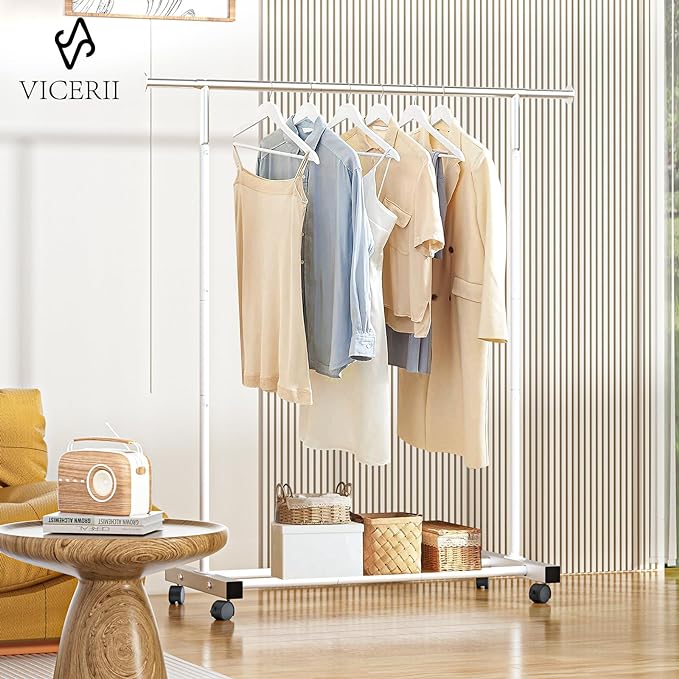 Clothing Rack, 55.51 Inch Heavy Duty Clothes Rack Rolling Garment Rack with Wheels and Bottom Shelf, 130LB Capacity Clothes Racks for Hanging Clothes, Coats, Shirts, Sweaters, Skirts, White