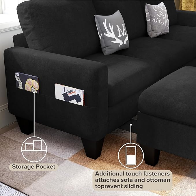 Sectional Sofa Couches for Living Room, 78'' Black 3 Seater L-Shaped Couch with Storage Ottoman, Comfy Velvet Convertible Sectionals Sofas with Chaise for Apartment, Office, Small Space