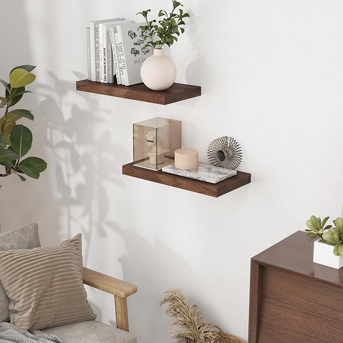 Floating Shelves 16 Inch Long, Wall-Mounted Bathroom Shelves Set of 2, 9.3 Inch Deep Shelf for Home Storage & Display, Wooden Deep Wall Shelves for Bedroom, Living Room, Kitchen, Walnut Color
