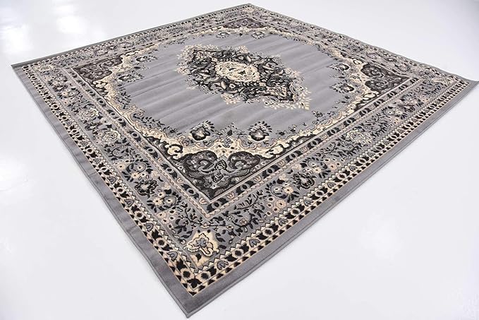 Unique Loom Reza Collection Traditional Persian Style Area Rug, 8' 0" x 8' 0", Gray/Ivory
