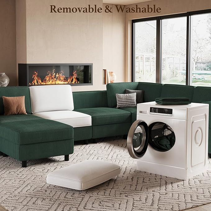 114.2" Modular Sectional Sofa with Deep Storage Seat,U Shaped Sectional Sofa Couch Convertible 6 Seater Corduroy Couch with Movable Ottoman,Upholstered Sectional Couches for Living Room,Green