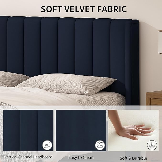 Twin Size Upholstered Platform Bed Frame with Modern Wingback & Vertical Panel Headboard, Linen Fabric, Wooden Legs & Slats Support, No Box Spring Needed, Noise-Free & Easy Assembly, Dark Blue
