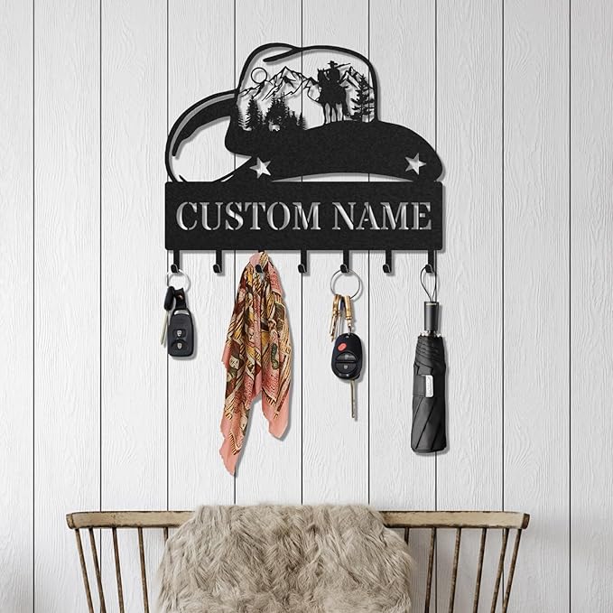 Personalized Key Holder for Wall, Custom Metal Cowboy Key Hooks with Name, Meta Jacket Holder Hooks Organizer Rack, Jacket Hanger Decor for Kitchen, Entryway, Hallway, Office, Doorway