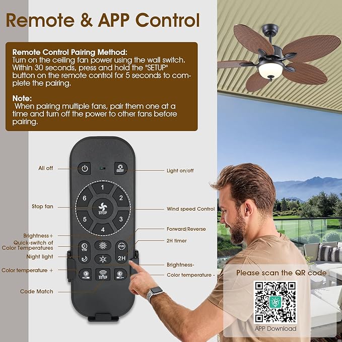 50 Inch Tropical Ceiling Fans with Lights and Remote/APP Control, Outdoor Waterproof Palm Leaf Ceiling Fan for Patios Porches, Wet Rated, Glass Lampshade, 6 Speeds, Quiet, Brown