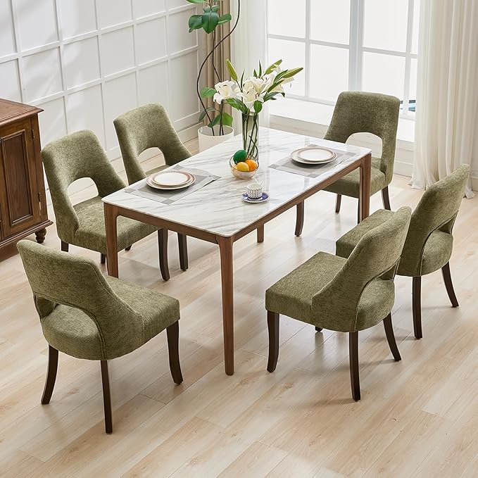 UVV Wooden Dining Chairs Set of 6, Mid Century Modern Chenille Upholstered Dining Room Chair Kitchen Chairs, Farmhouse Dinner Chair with Solid Wood Legs for Kitchen Dining Room, Green