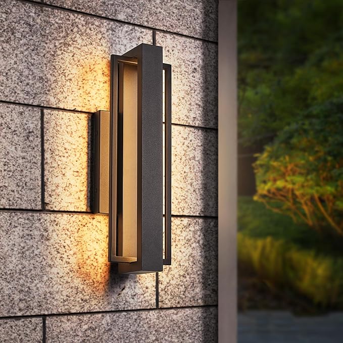 Double Square Frame Outdoor LED Wall Light, 15 Inch Textured Black Wall Sconce, Sleek Modern Light Fixture, Integrated LED 3000K 16W, Outside Lights for Patio, Porch, Front Door or Garage