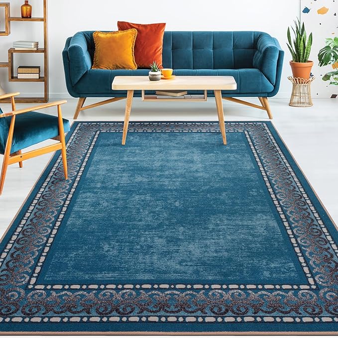 Antep Rugs Alfombras Bordered Modern 4x6 Non-Slip (Non-Skid) Low Pile Rubber Backing Indoor Area Rug (Turquoise Blue, 4' x 5'8")