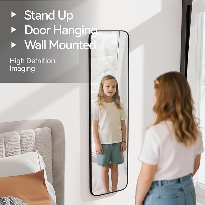 57x16 Door Hanging Full Length Mirror, Floor Stand (Height 5.7ft just Body in1.3ft) Wall Mounted Metal Frame Rectangle Dressing Mirrors for Bedroom Bathroom Room 57 inch Black