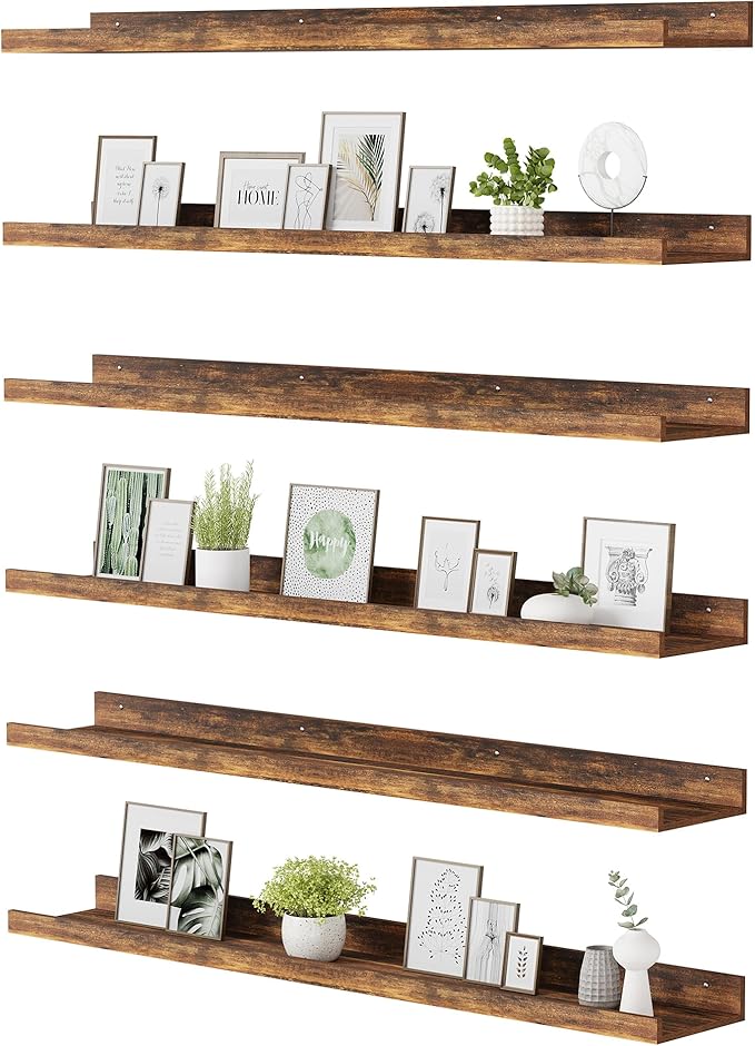 upsimples Floating Shelves for Wall, 47.3 Inch Shelves for Decor Storage Set of 6, Wall Mounted Wood Shelf for Bedroom, Living Room, Bathroom, Kitchen, Long Picture Ledge Shelves, Brown